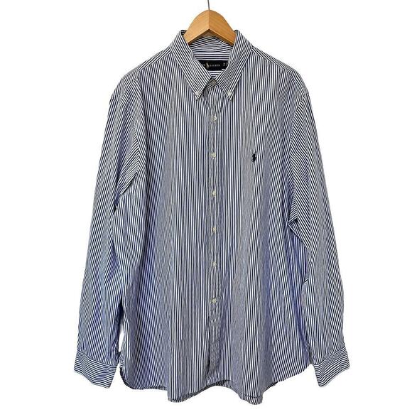 Ralph Lauren Men’s Stripe Oxford Shirt Size 18 White Blue Button Down Collar EUC - Picture 1 of 8